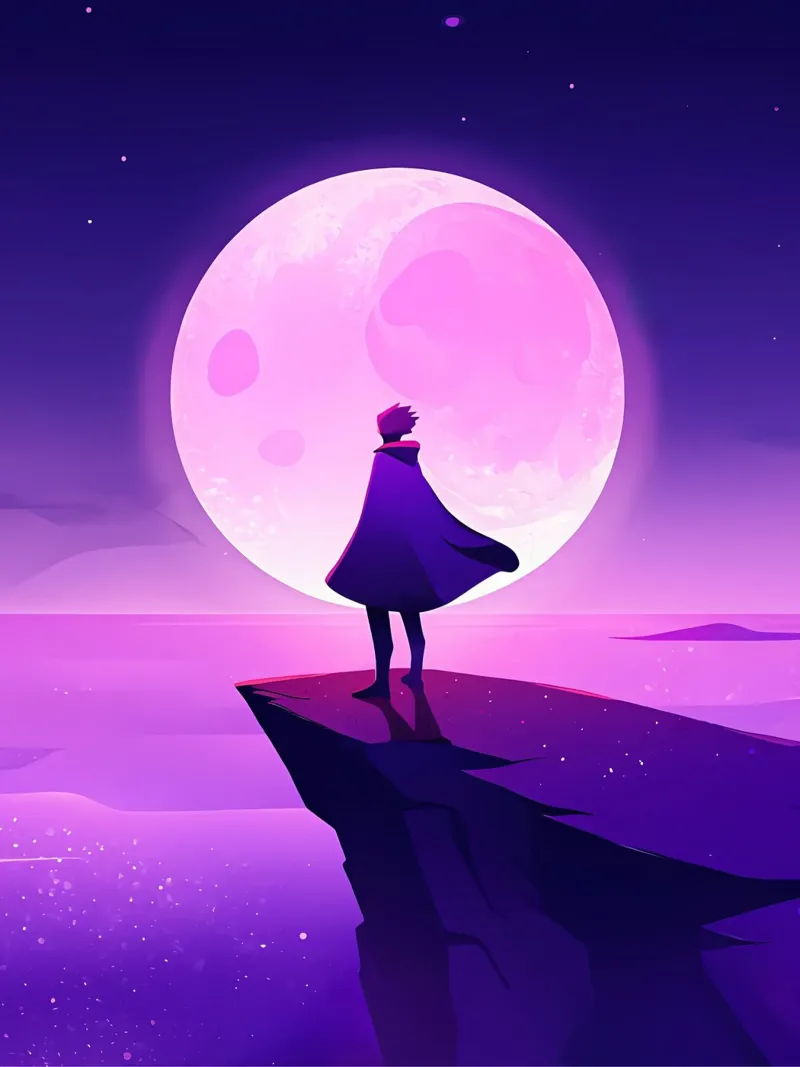 Un ragazzo in piedi alla scogliera guardando la luna piena Lofi Art pellicola backlit da LoFi Gallery