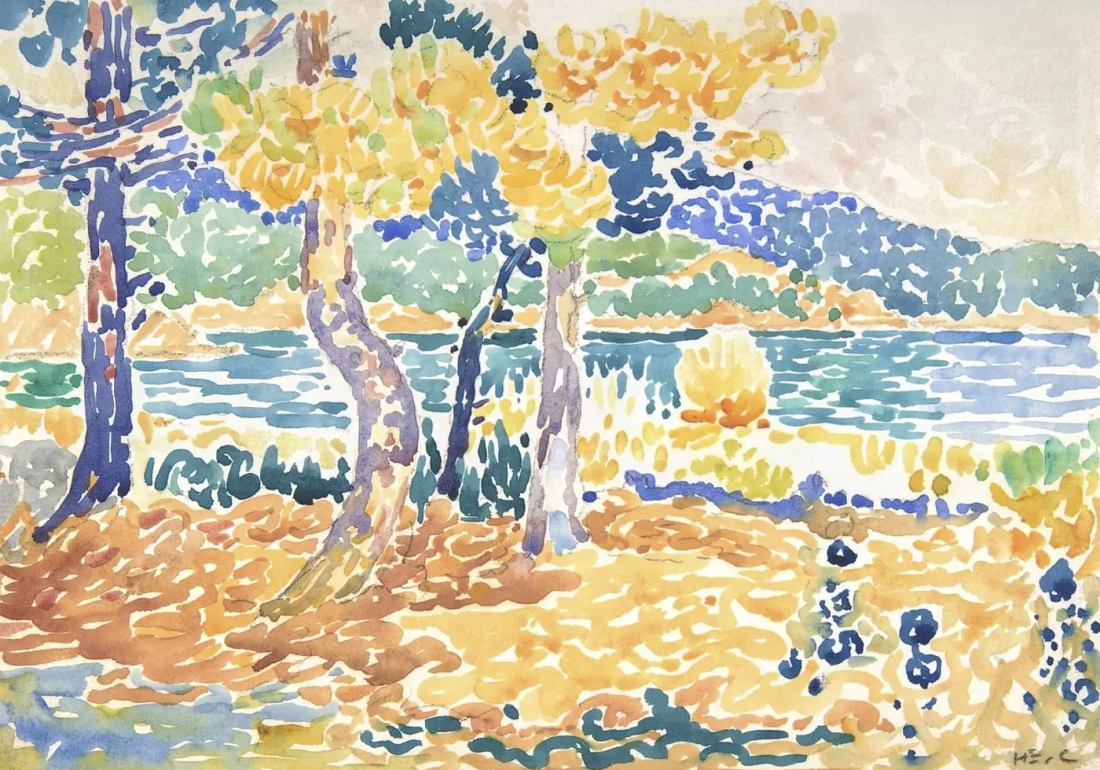 Henri-Edmond Cross - "Pines on the Coastline" (1890s-1900s) pellicola backlit da Venus Art