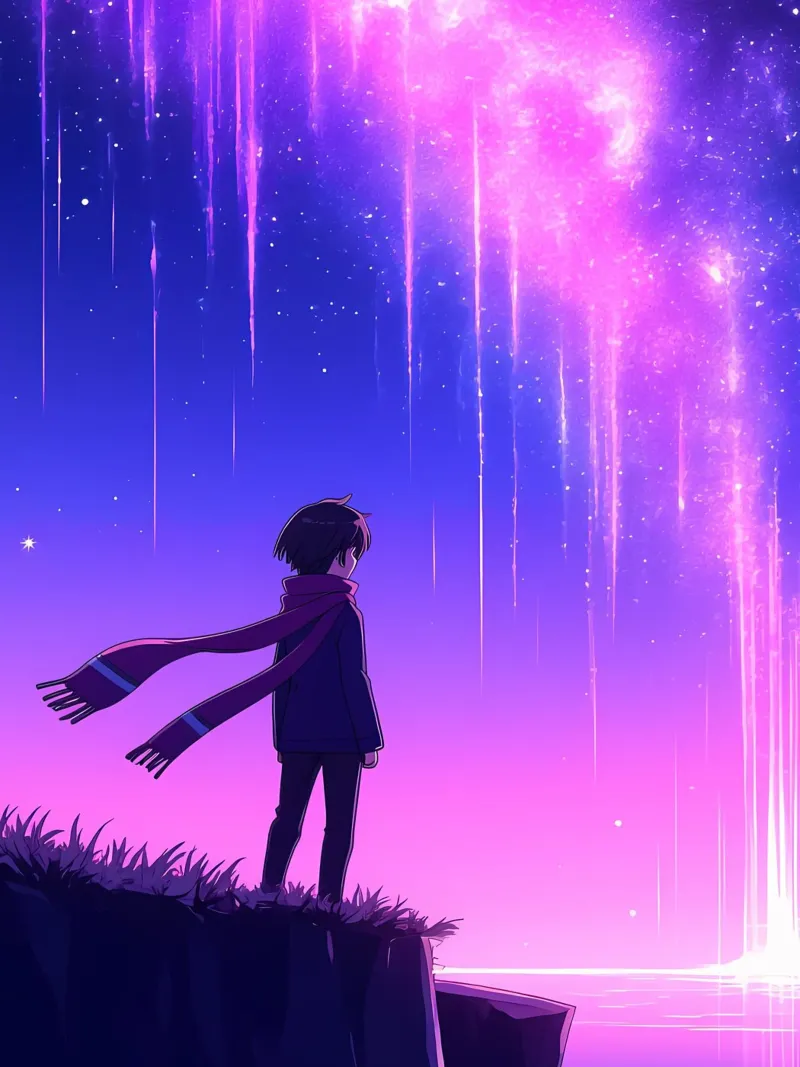 Une personne regardant une aurore rêveuse dans le ciel nocturne Lofi Art poster avec cadre en plastique de LoFi Gallery