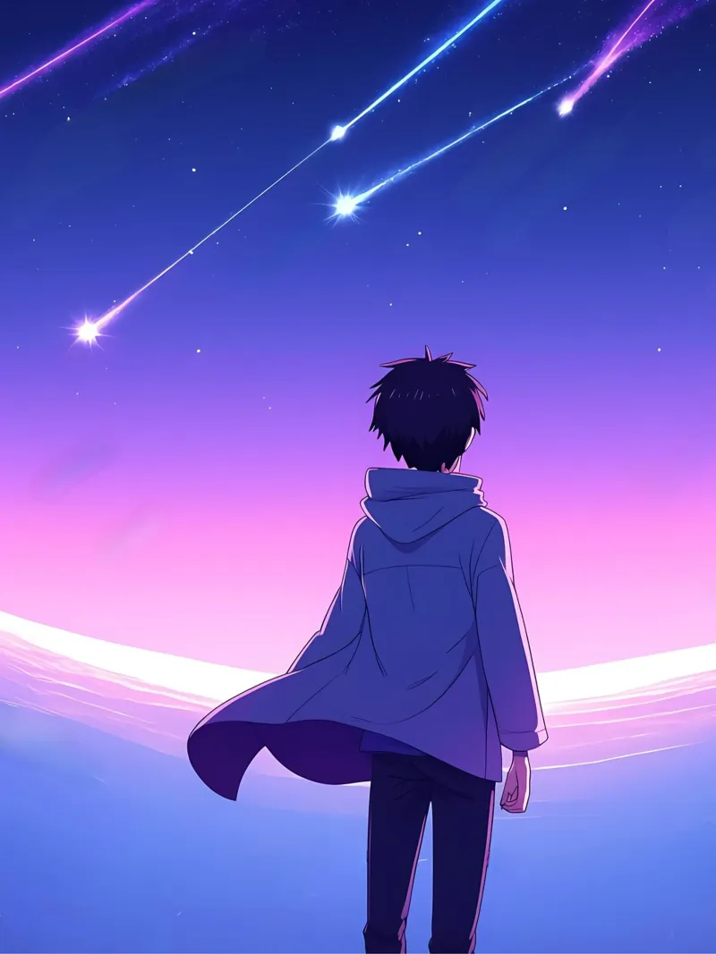 Una persona che guarda le stelle cadenti nel cielo notturno Lofi Art poster con telaio in alluminio da LoFi Gallery