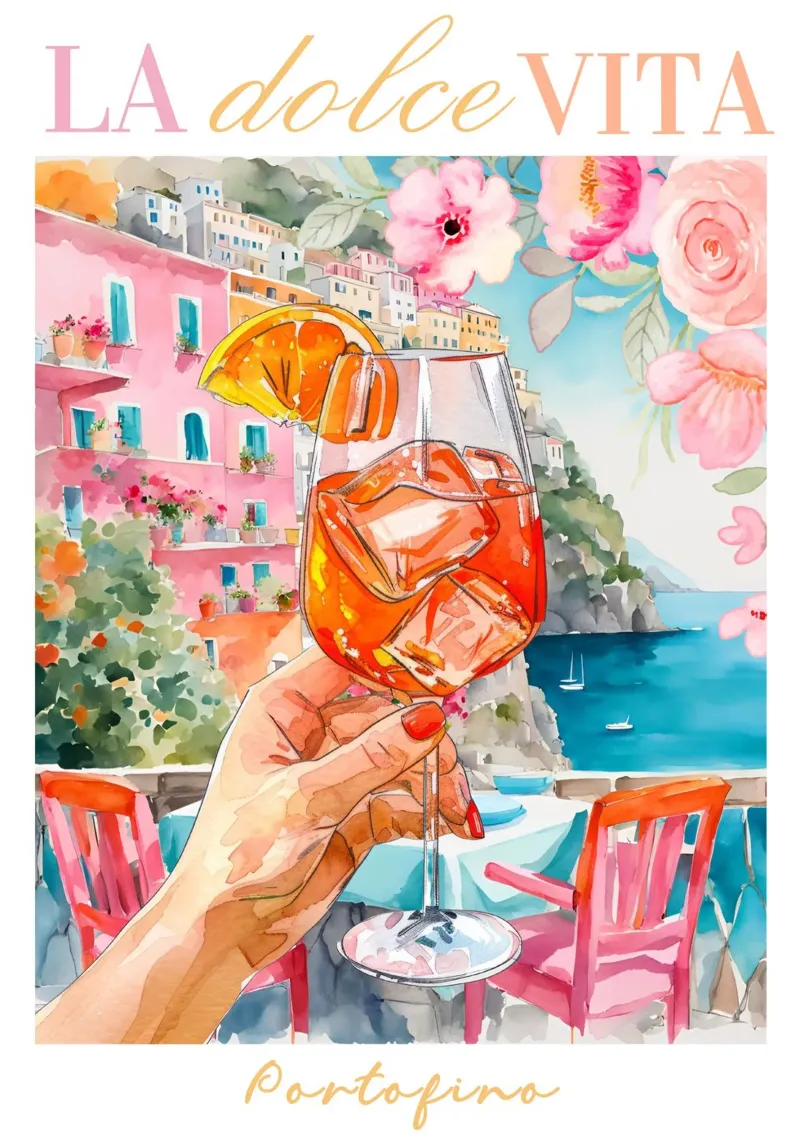 Stampa Cocktail Italia, Aperol Spritz, Arte murale colorata poster con telaio in alluminio da Bella Studio