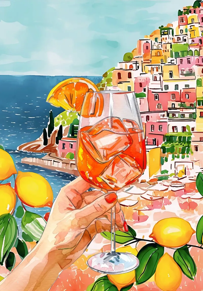 Amalfi Coast, Aperol Spritz Poster, Italy Wall Art acrylic glass by Bella Studio