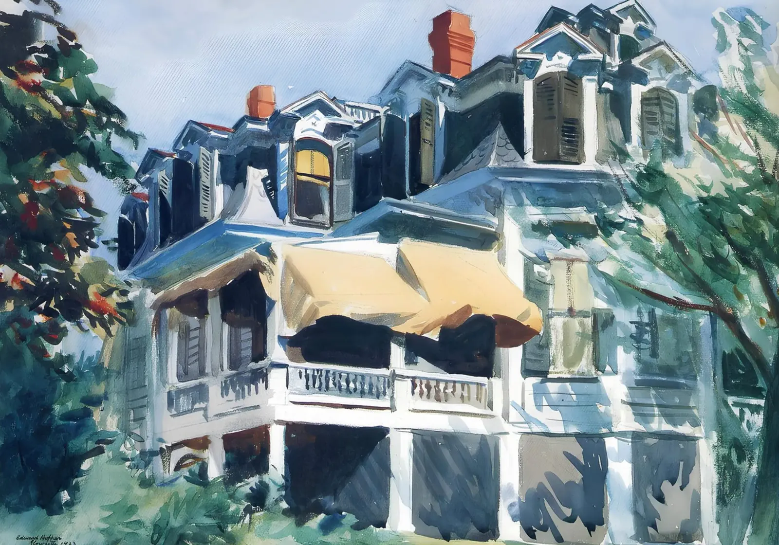 Mansardedak" van Hopper - Amerikaanse aquarel en architectuur canvas van NorwesClub