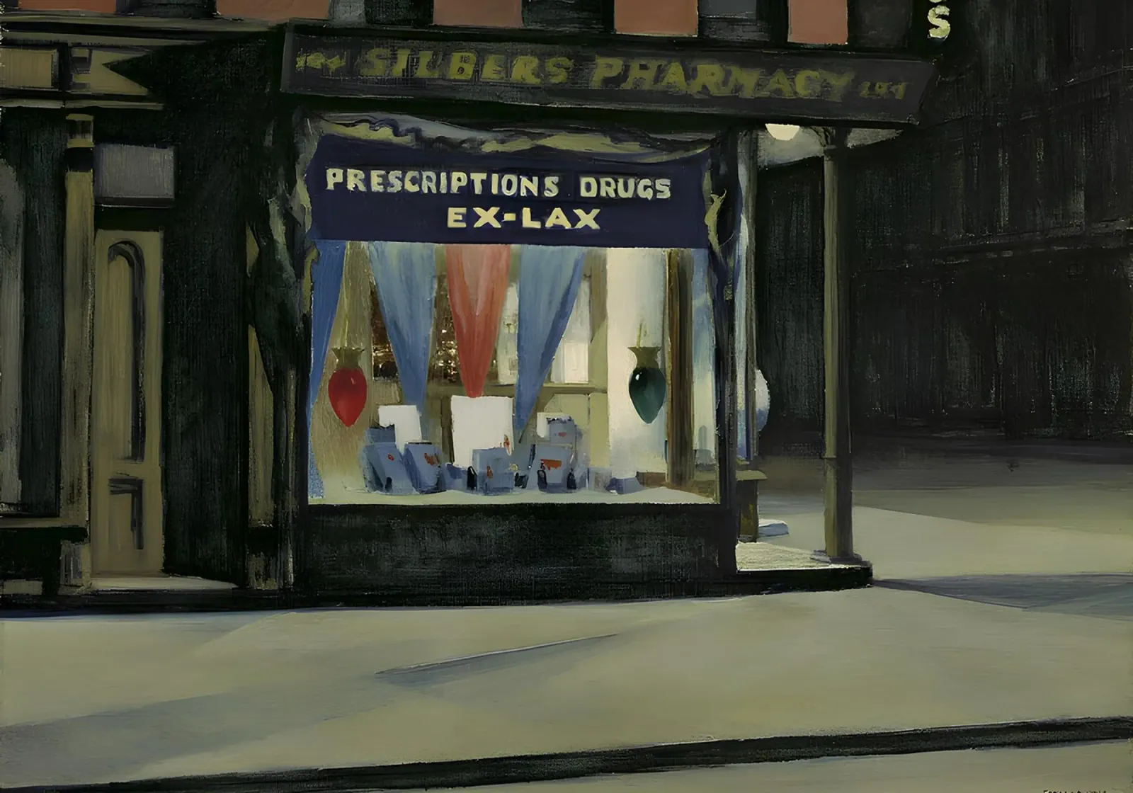 Il "Drug Store" di Hopper - Realismo americano e scena notturna urbana poster con telaio in plastica da NorwesClub