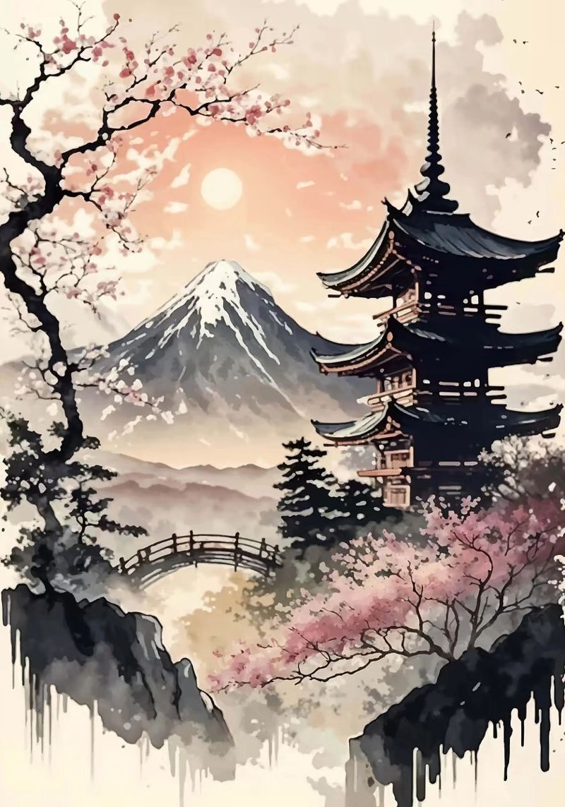 pagoda montaña sol cerezo en flor puente niebla árboles poster de Nick Haluck