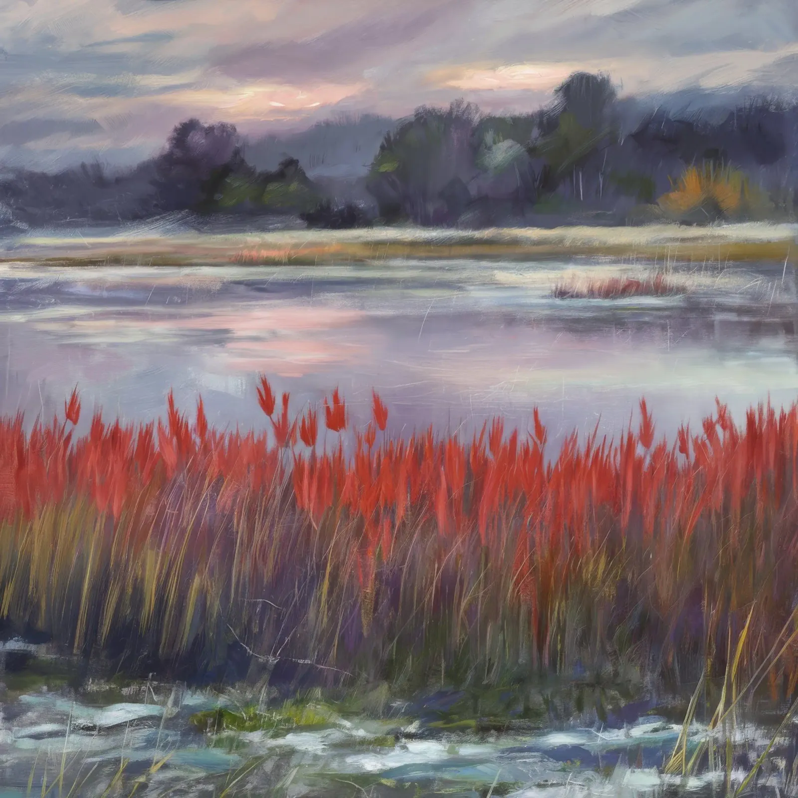 Tramonto sereno in palude poster con telaio in plastica da Verve Pigments