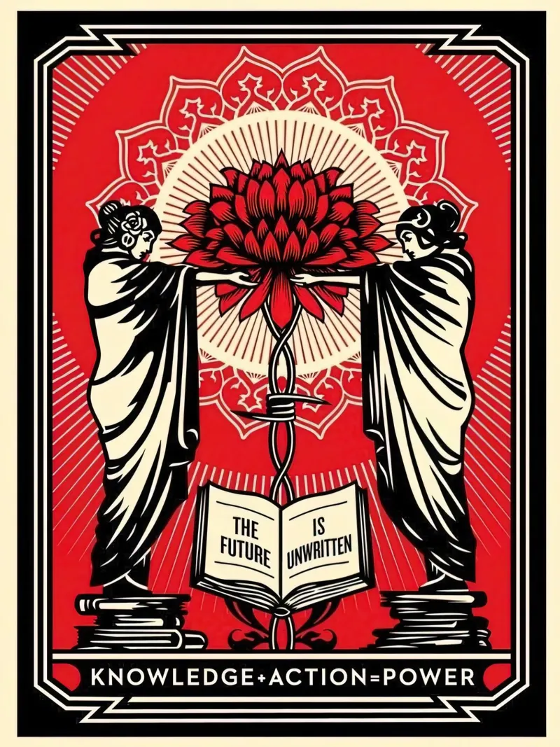 Shepard Fairey Sérigraphie Knowledge + Action Rouge & Noir E hahnemühle de American Poster