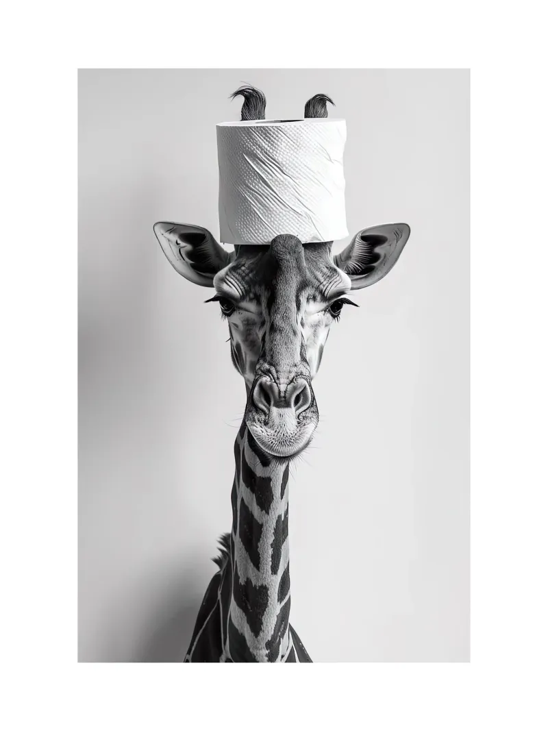 Divertente giraffa da bagno con rotolo di carta igienica in testa carta hahnemühle da Black And White