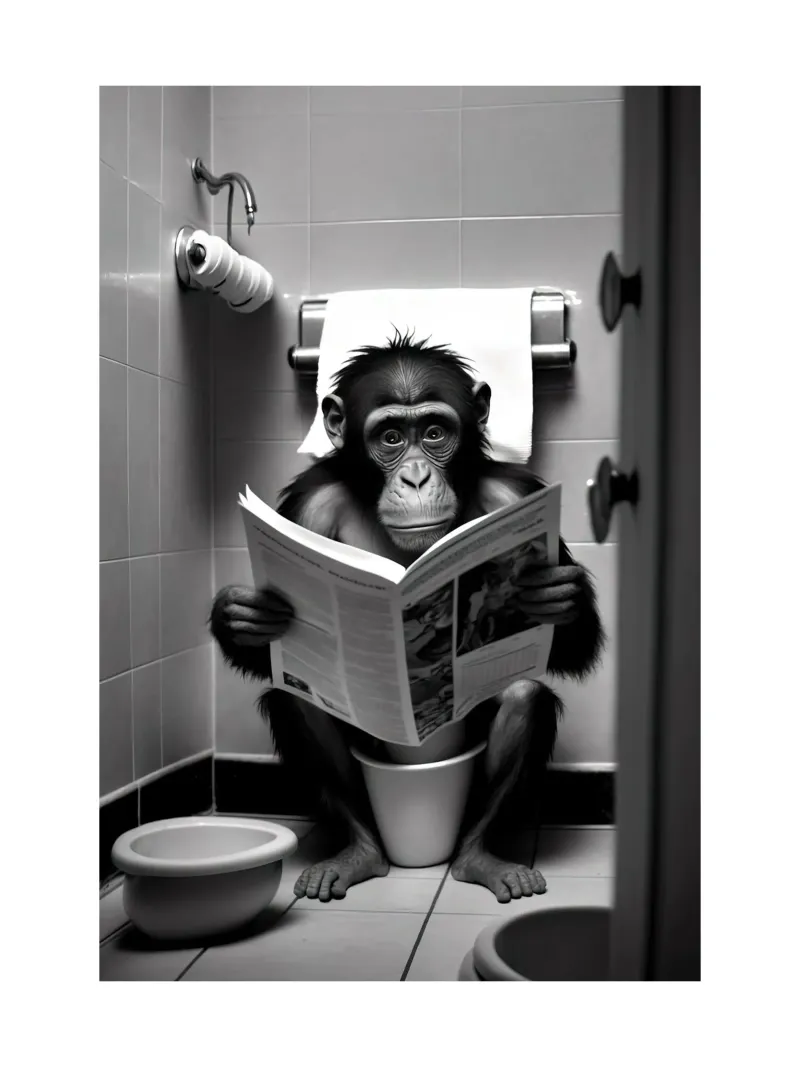 Mono sentado en el váter leyendo metacrilato de Black And White
