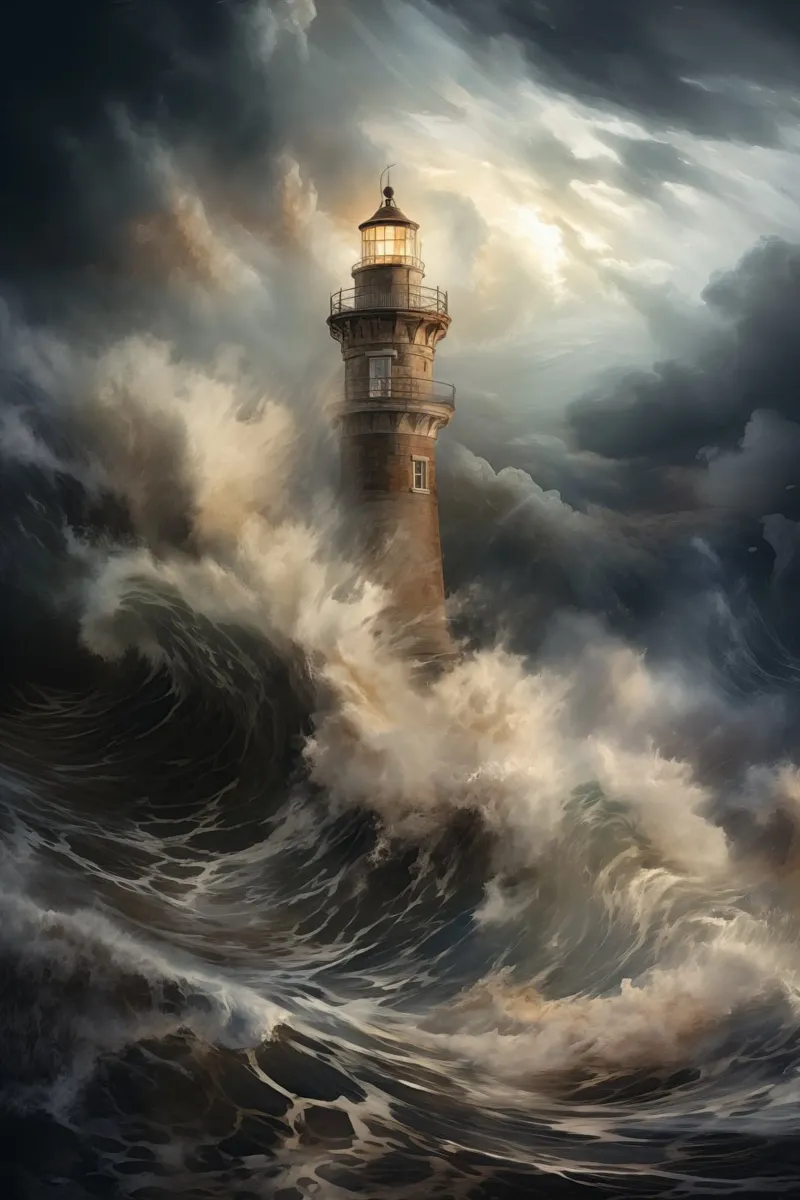 Faro in un mare impetuoso pellicola backlit da Imagine