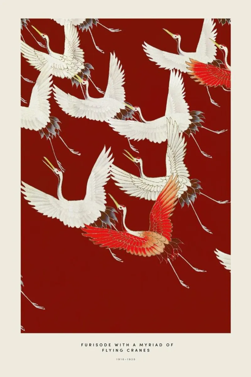 Furisode with a Myriad of Flying Cranes II carta hahnemühle da Vintage by JUNIQE