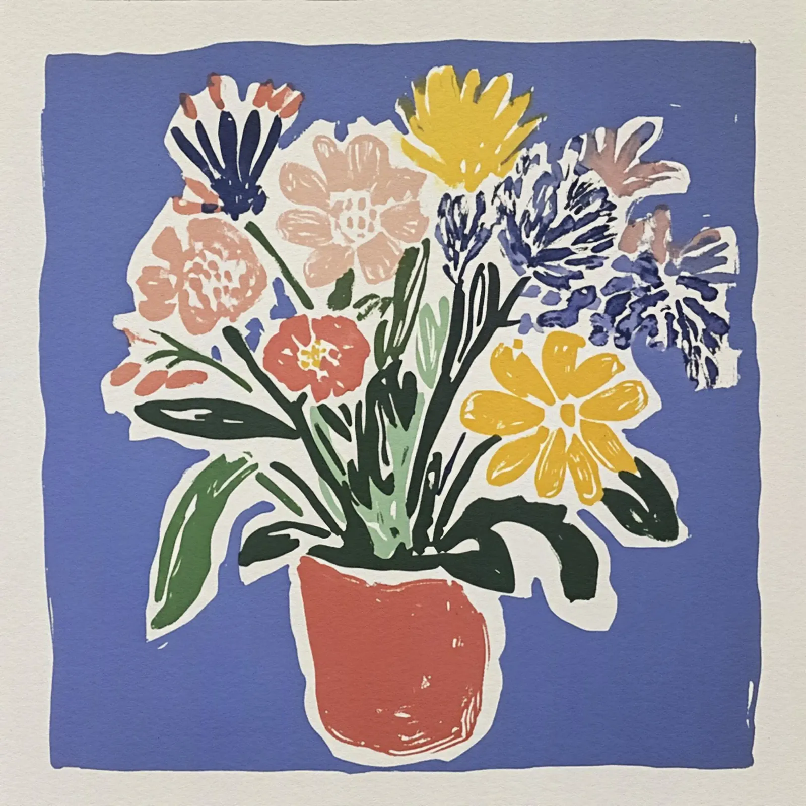 Ramo de flores azules en linograbado de estilo retro de mediados de siglo hahnemühle de Modern Muse