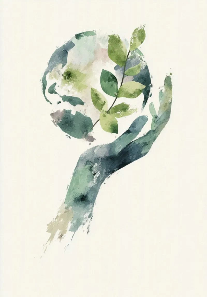 Mano acquerellata e terra con foglie Poster di sensibilizzazione ecologica poster con telaio in plastica da Modern Muse