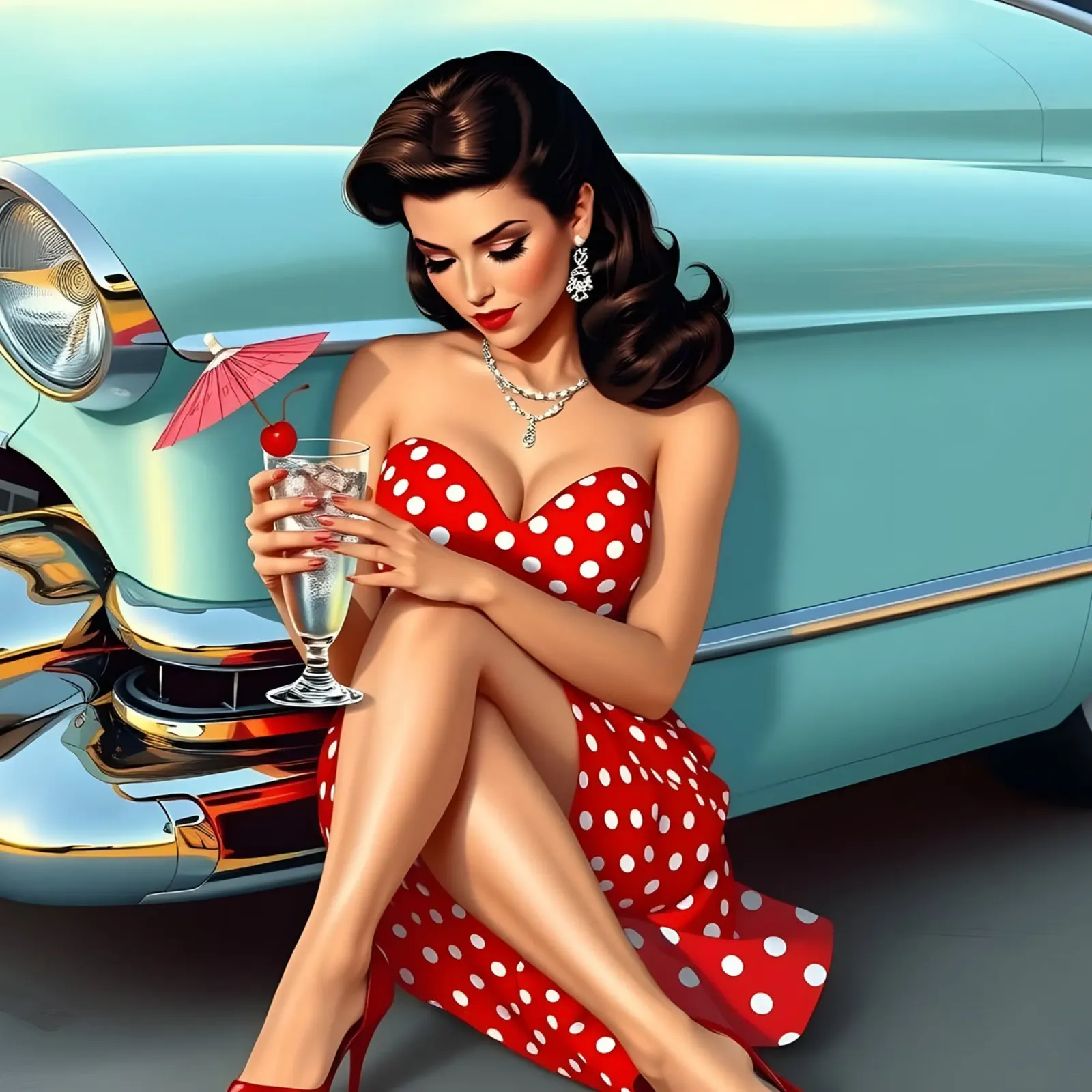 Ragazza degli anni '50 con Cadillac pellicola backlit da Anita's Dream