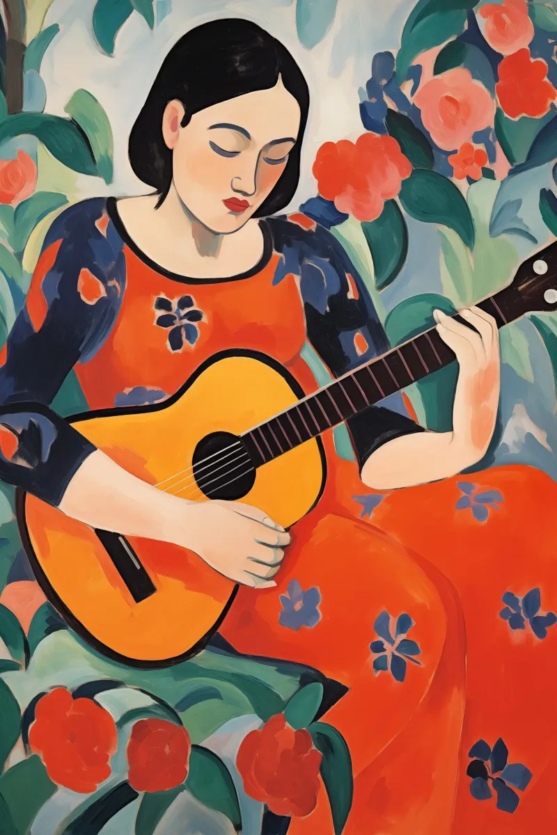 Donna con chitarra spagnola poster con telaio in alluminio da Imagine