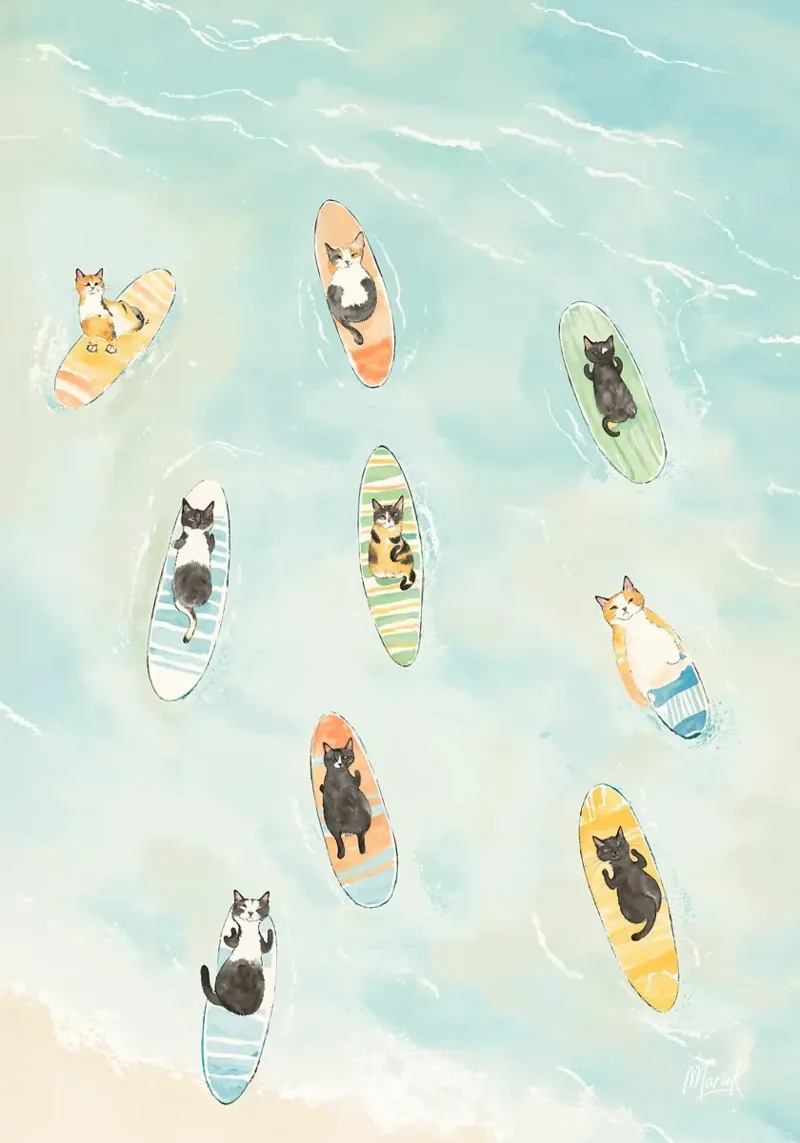gatto che si rilassa sulla tavola da surf poster con telaio in alluminio da Luke Yaeger