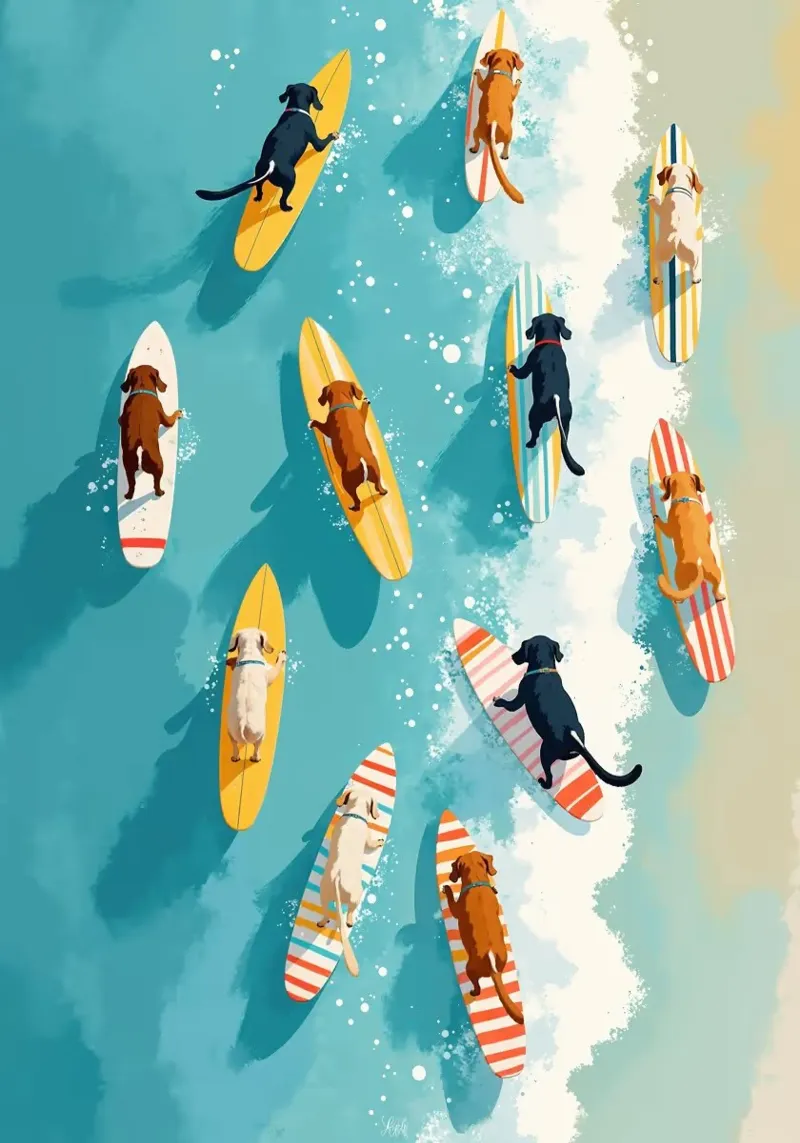 dogs playing surfboards acrylic glass by Luke Yaeger