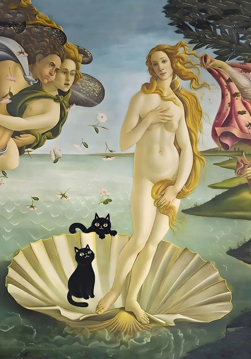 The Birth of Venus with two Black Cats Botticelli 1485 poster con telaio in plastica da GoArt