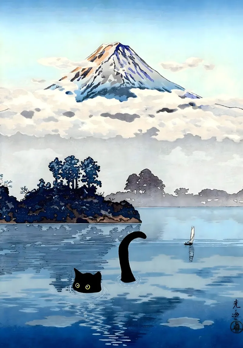 Cat in Lake Kawaguchi Tago Koitsu poster con telaio in plastica da GoArt