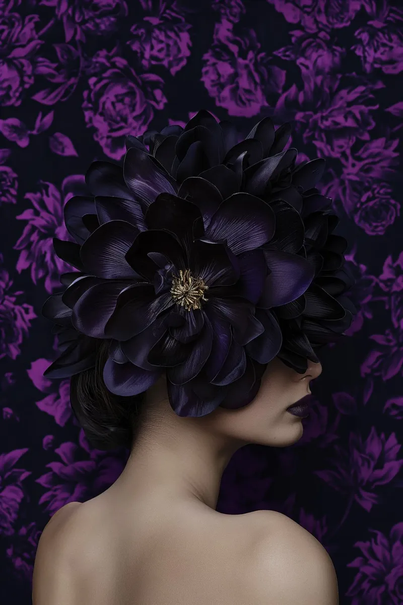 Donna con fiori viola pellicola backlit da Imagine