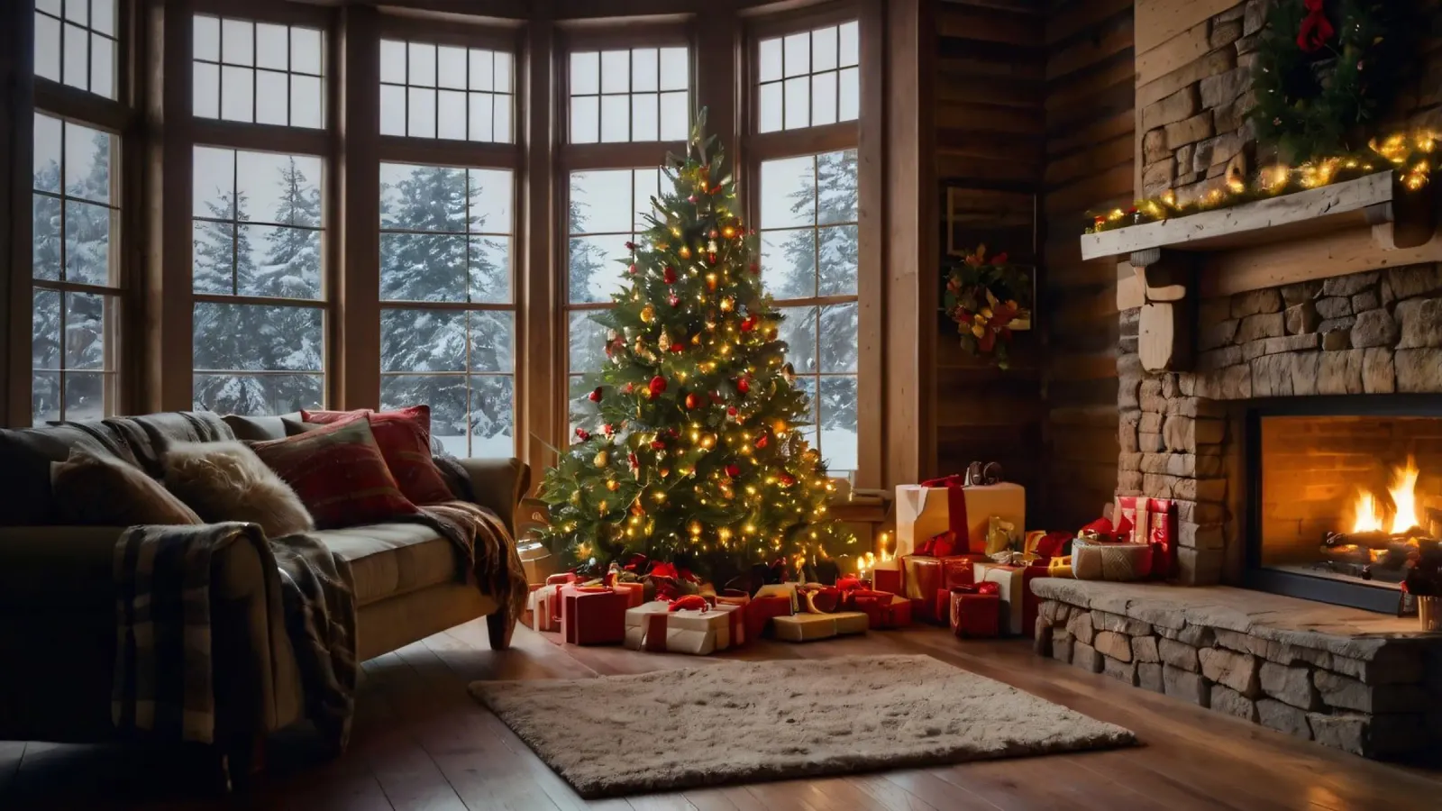 Gemütliches Winterwohnzimmer mit einem geschmückten Weihnachtsbaum Leinwand von DesignDoodle
