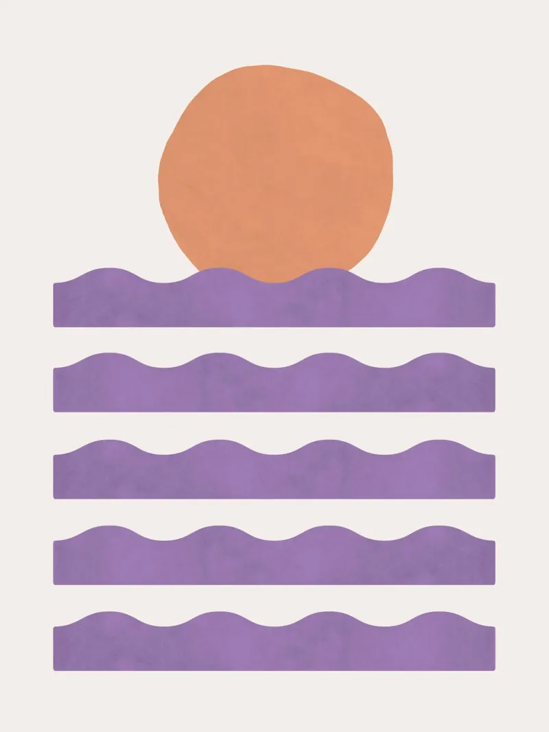 Sole a Onda Dipinto - Arancione Viola poster con telaio in alluminio da MoonlightPrint