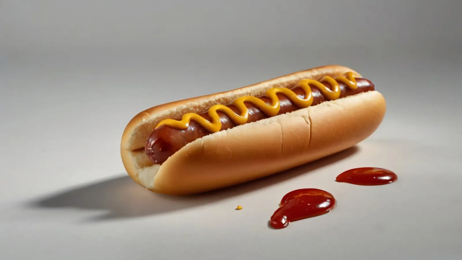 Un classico hot dog con senape e ketchup posto su un piatto neutro. pellicola backlit da DesignDoodle