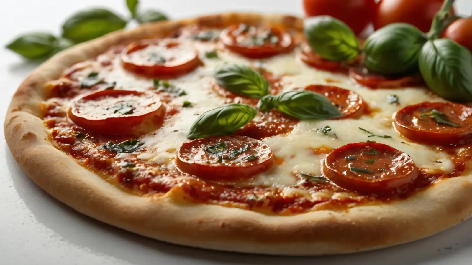 Deliziosa pizza al salame piccante guarnita con basilico fresco e tom tom. plexiglass da DesignDoodle