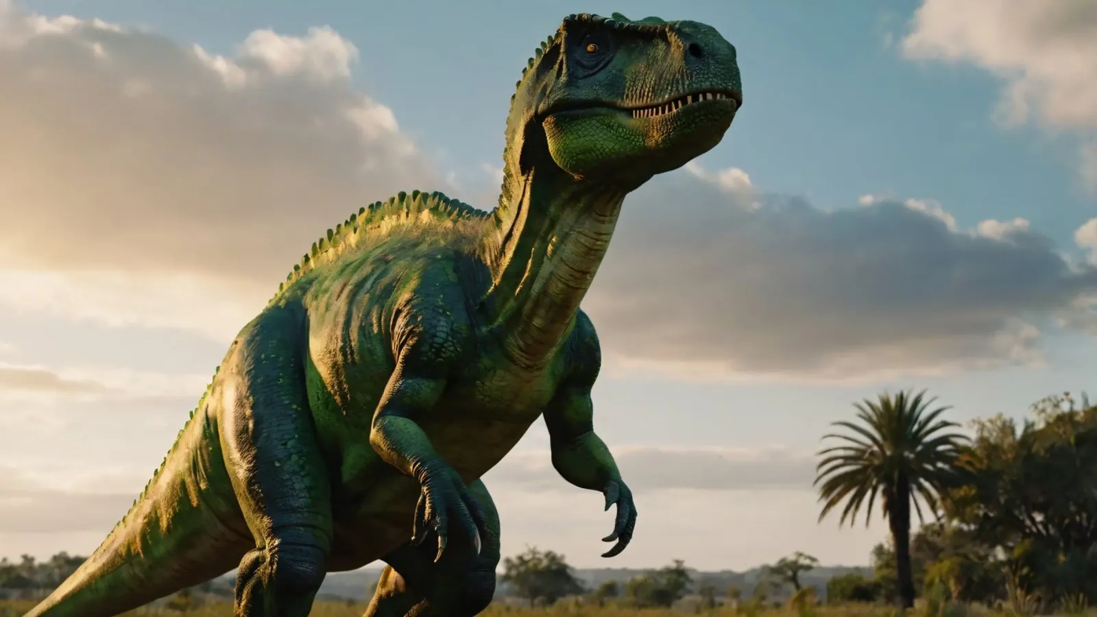 Un dinosauro realistico si erge in un paesaggio lussureggiante pellicola backlit da DesignDoodle