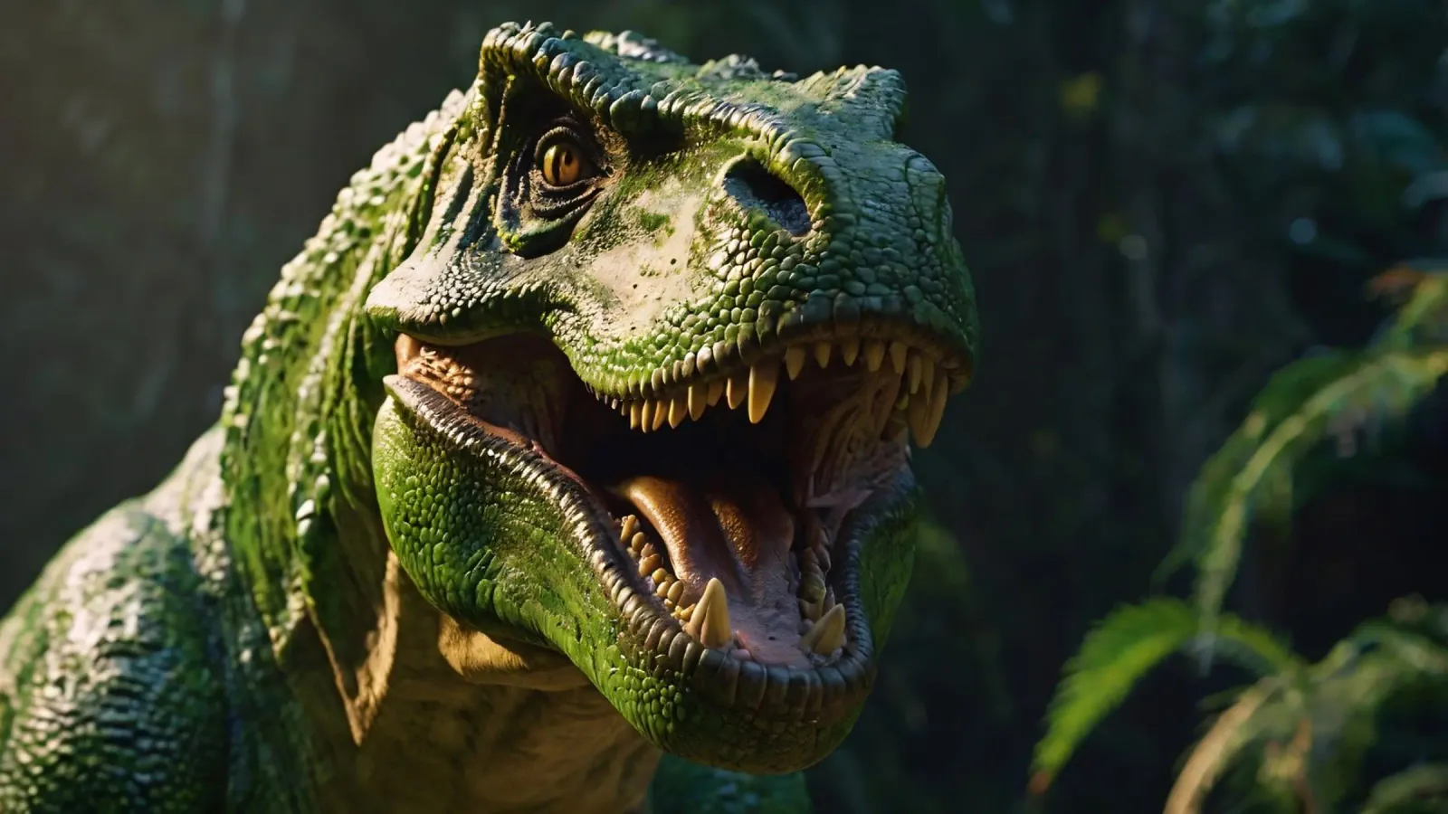 fierce dinosaur in a lush, prehistoric jungle during daytim forex plate by DesignDoodle