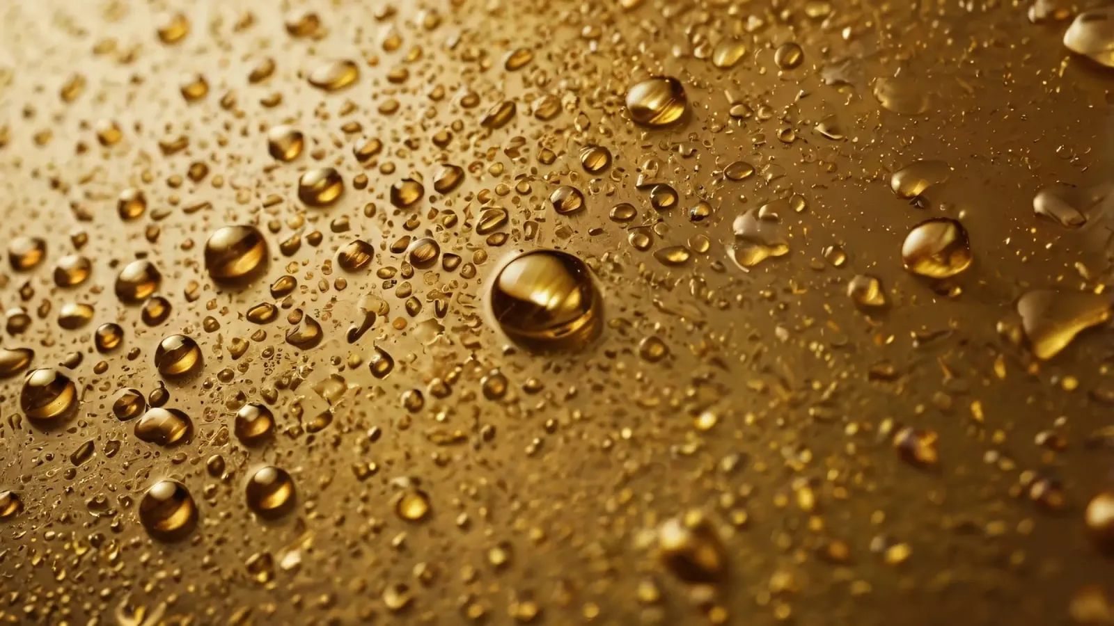 Primo piano di gocce d'acqua su una superficie d'oro pellicola backlit da DesignDoodle