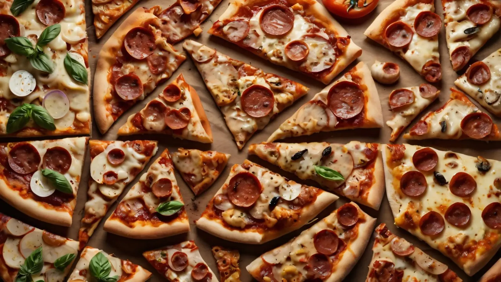 una deliziosa varietà di tranci di pizza assortiti, conditi con pellicola backlit da DesignDoodle
