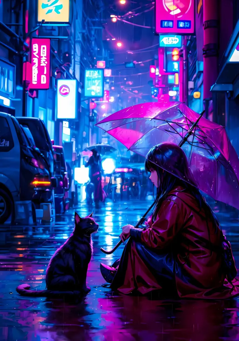 città notte pioggia donna gatto ombrello pellicola backlit da Ashish Kashyap