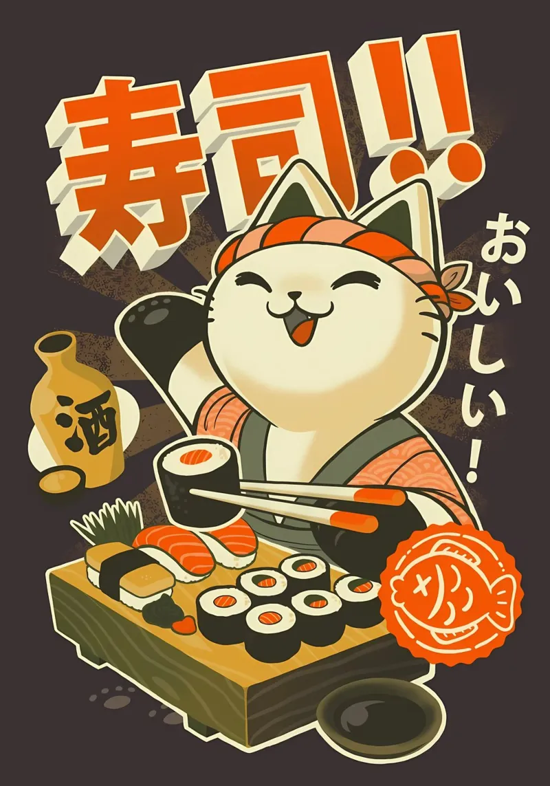 gatto sushi nigiri makizushi sake pesce bacchette poster con telaio in plastica da Ashish Kashyap