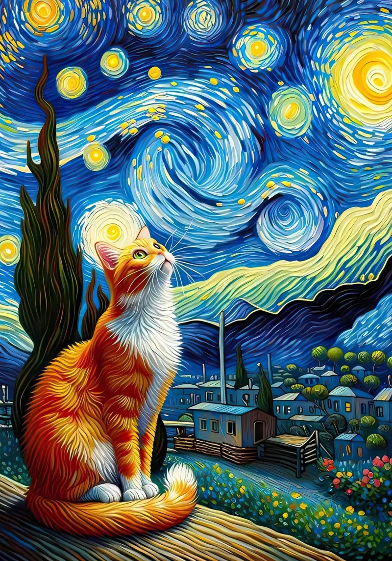 gatto stelle cielo notturno nuvole vorticose villaggio case poster con telaio in legno da Ashish Kashyap