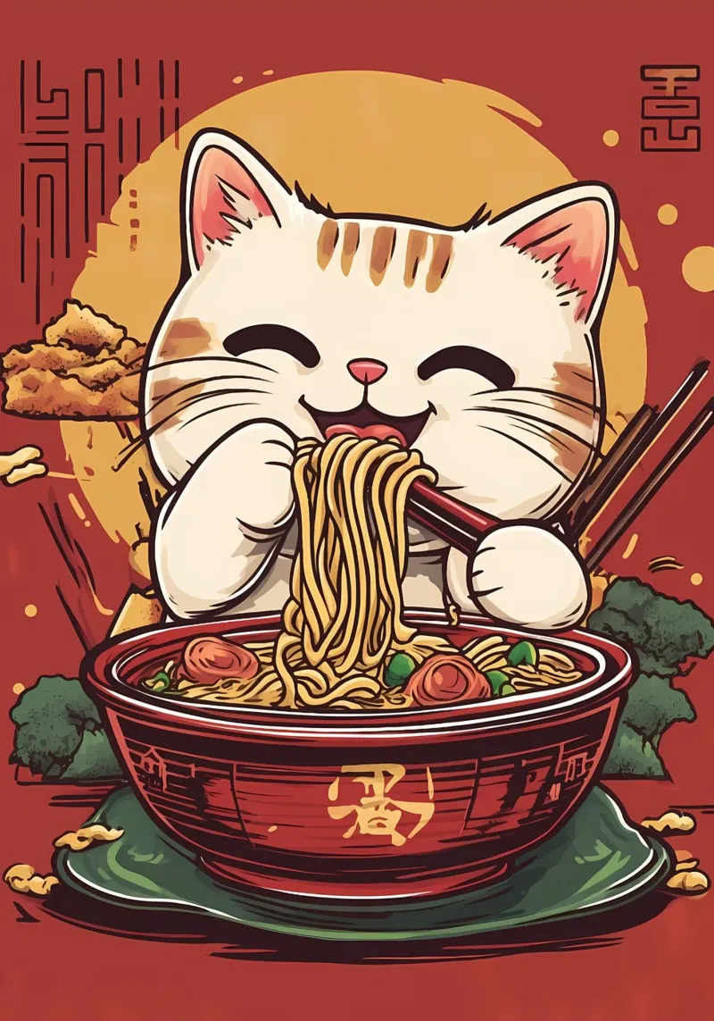 tagliatelle gatto bacchette ciotola fortuna gatto sole vapore poster con telaio in plastica da Ashish Kashyap