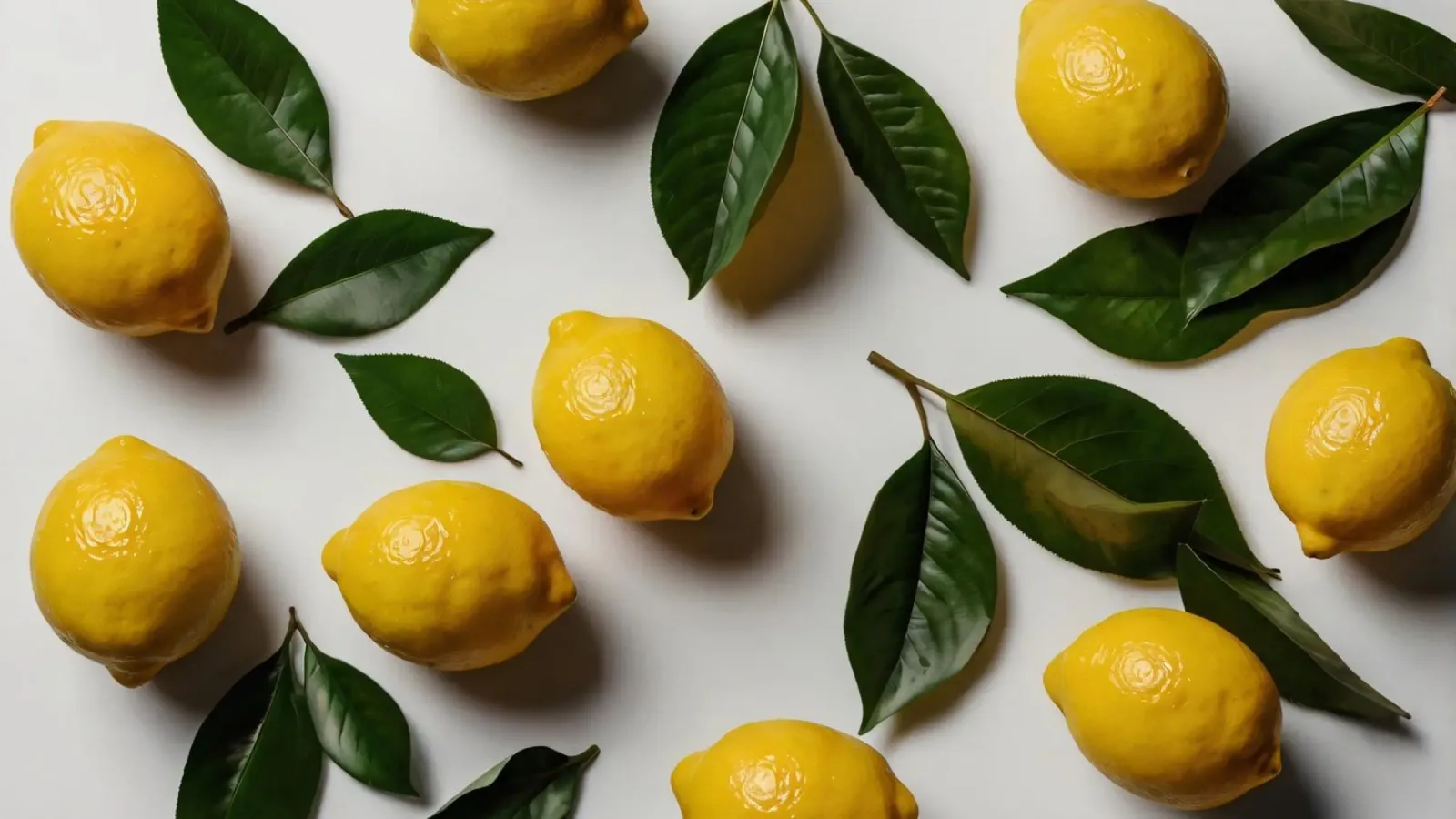 Limoni appena colti con foglie verdi disposti artisticamente. carta hahnemühle da DesignDoodle