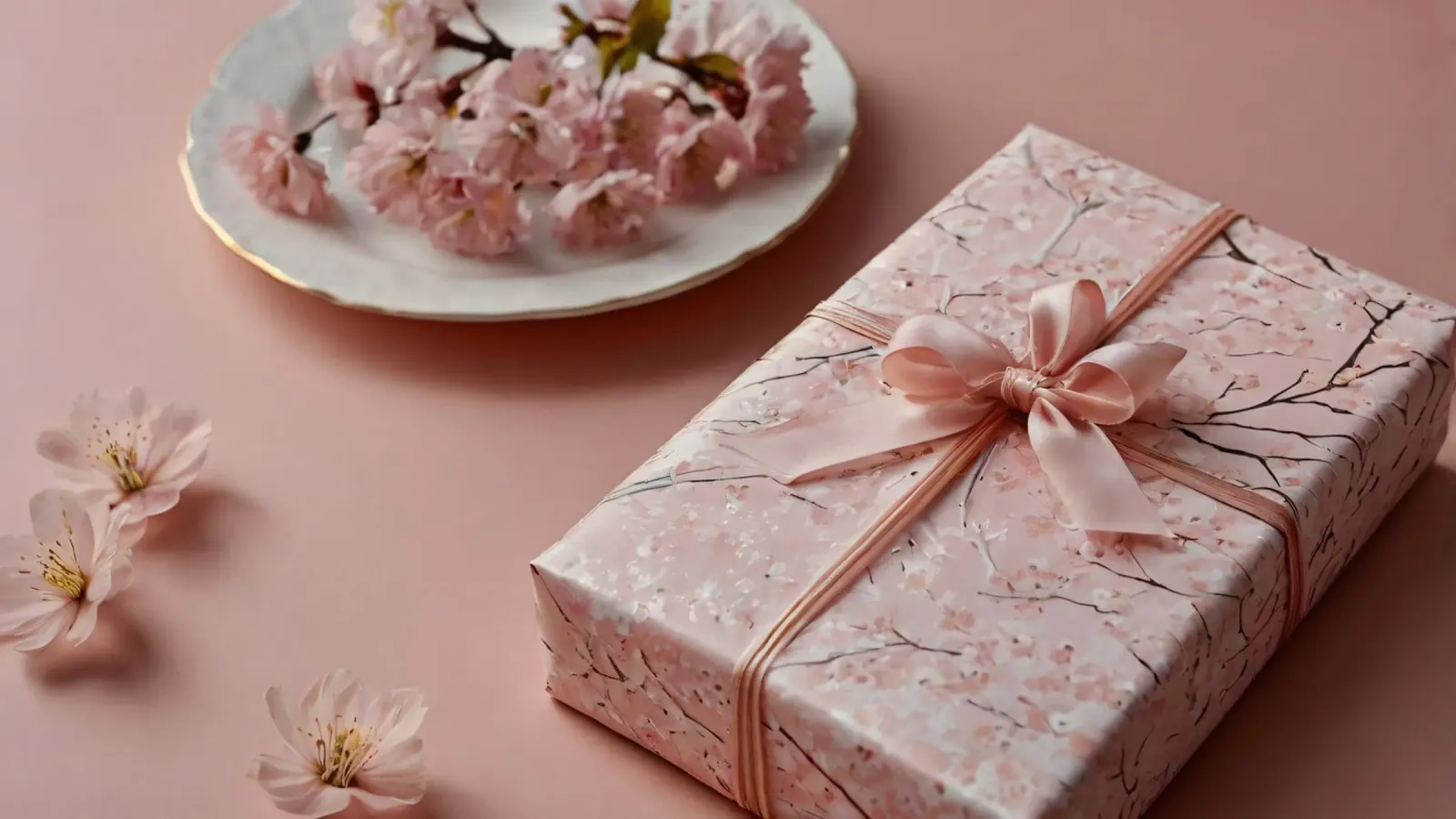 Una confezione regalo splendidamente confezionata con fiori di ciliegio pastello pellicola backlit da DesignDoodle