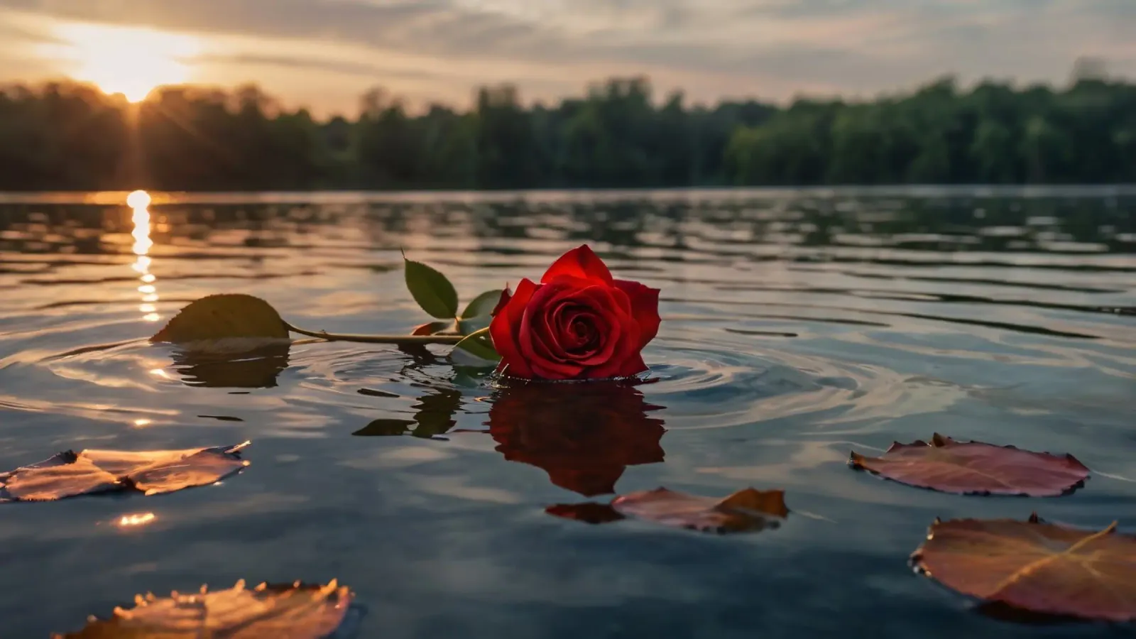 A single red rose floats gracefully on calm water at sunset canvas with Floater frame by DesignDoodle