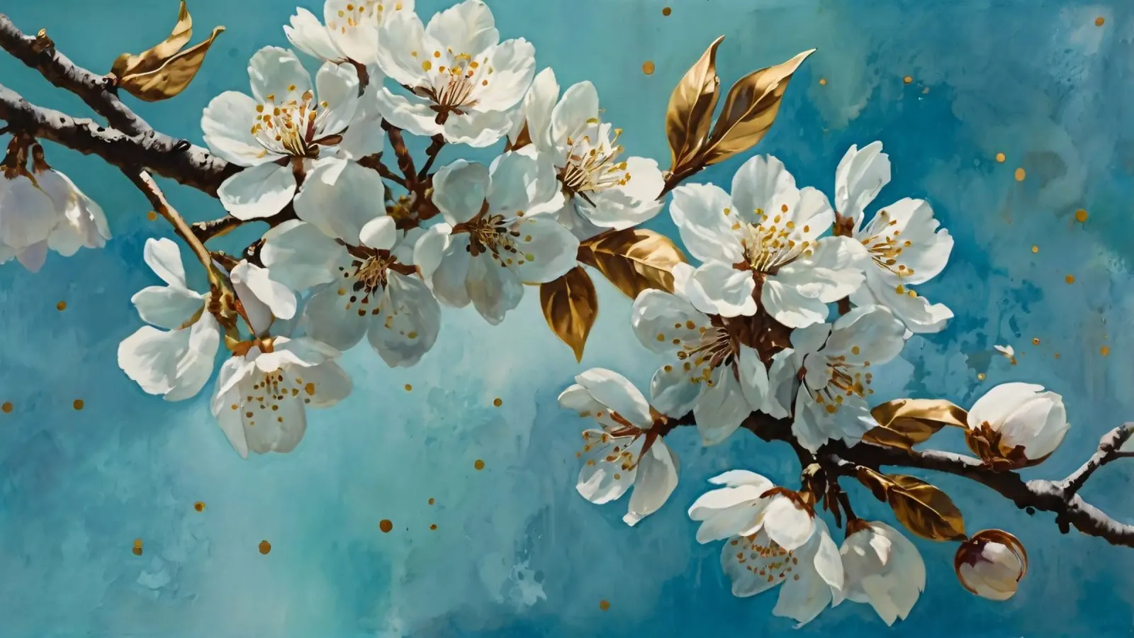 Ramo di ciliegio con fiori bianchi e foglie d'oro plexiglass da DesignDoodle