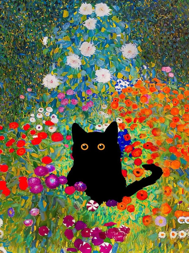 Gustav Klimt - Flowers and black cat Leinwand von Super Art