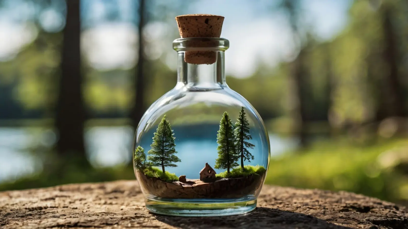 Un paesaggio forestale in miniatura in una bottiglia di vetro poster con telaio in legno da DesignDoodle