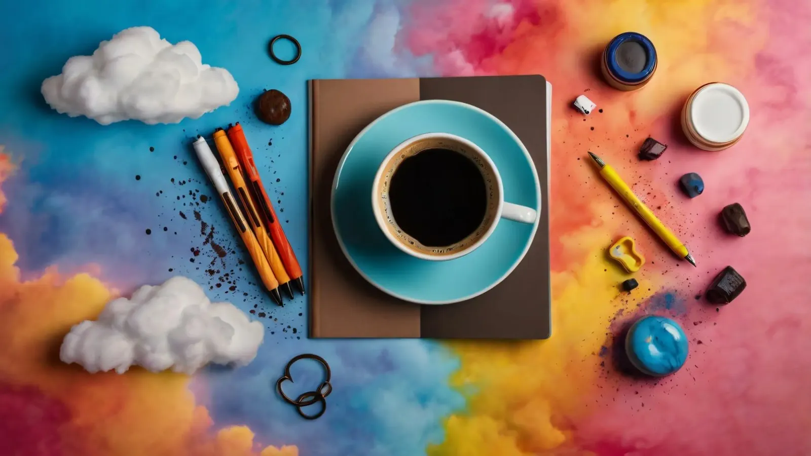 spazio di lavoro caratterizzato da una tazza di caffè blu su un'opera d'arte colorata. plexiglass da DesignDoodle