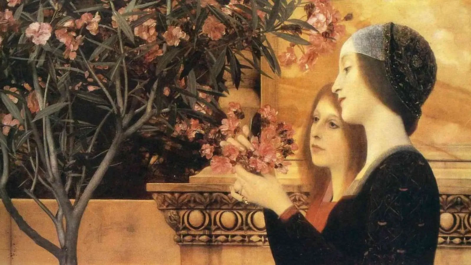 Gustav Klimt - two girls with an oleander poster con telaio in alluminio da Super Art