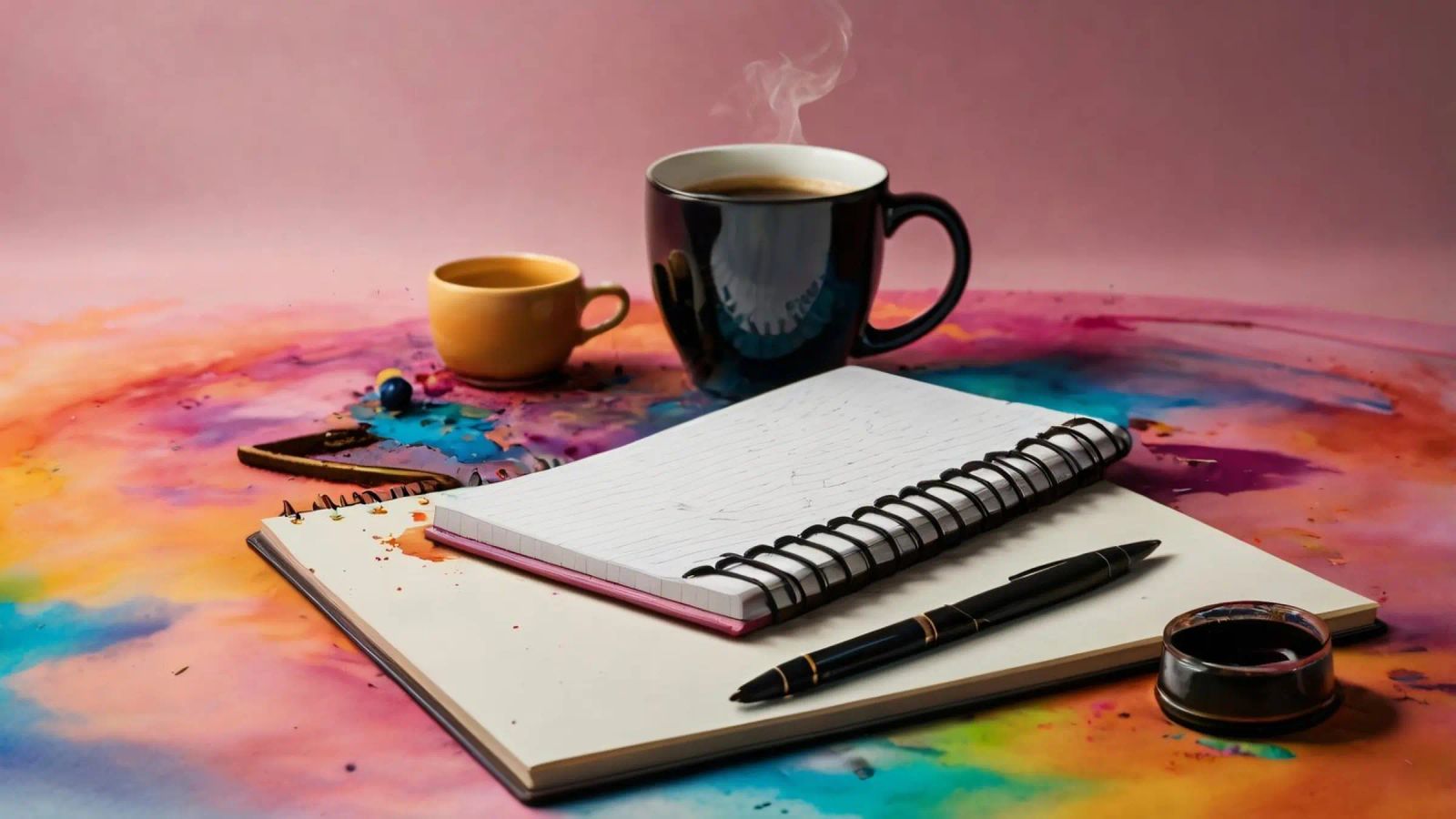A cozy workspace featuring a steaming cup of coffee poster by DesignDoodle