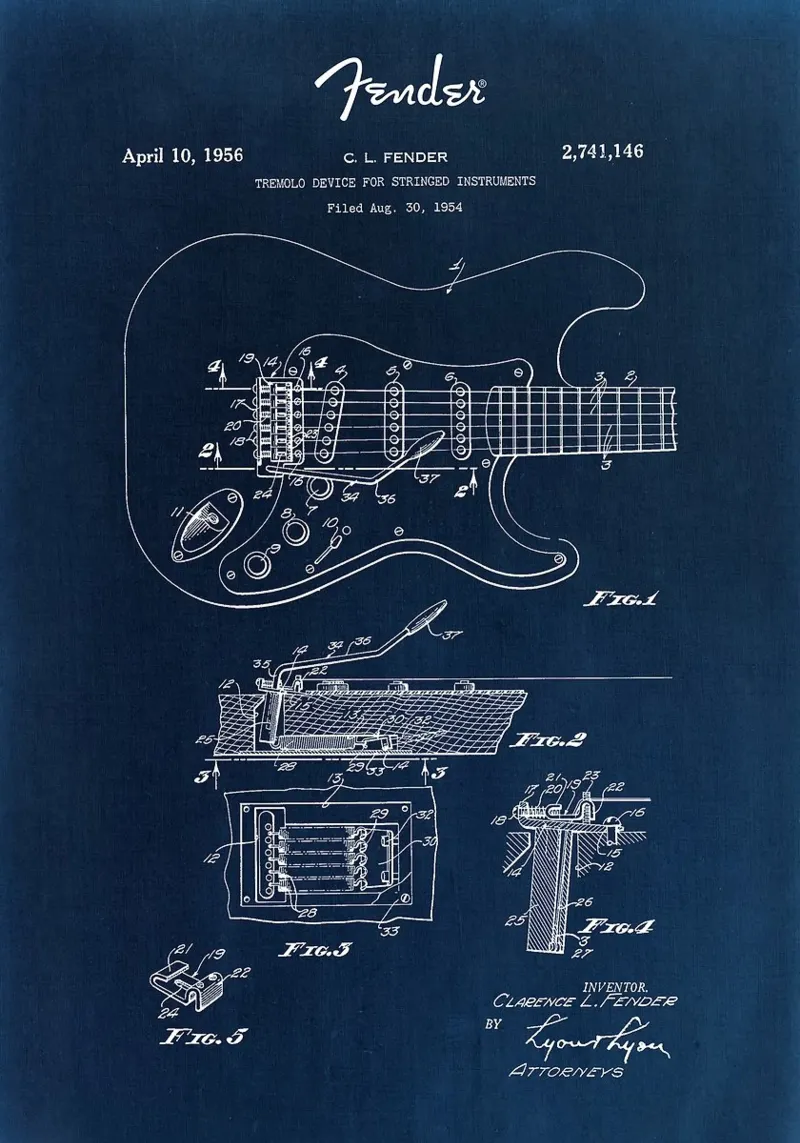 elektrische gitaar patent tekening fender schema's blauwdruk i canvas met Baklijst van minerva santiago