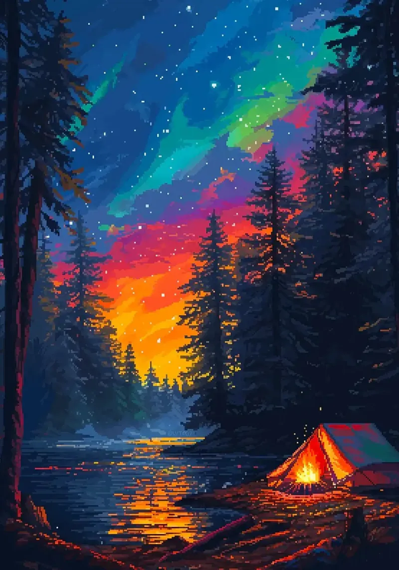 tenda da campeggio foresta stelle aurora boreale falò fiume poster con telaio in legno da minerva santiago