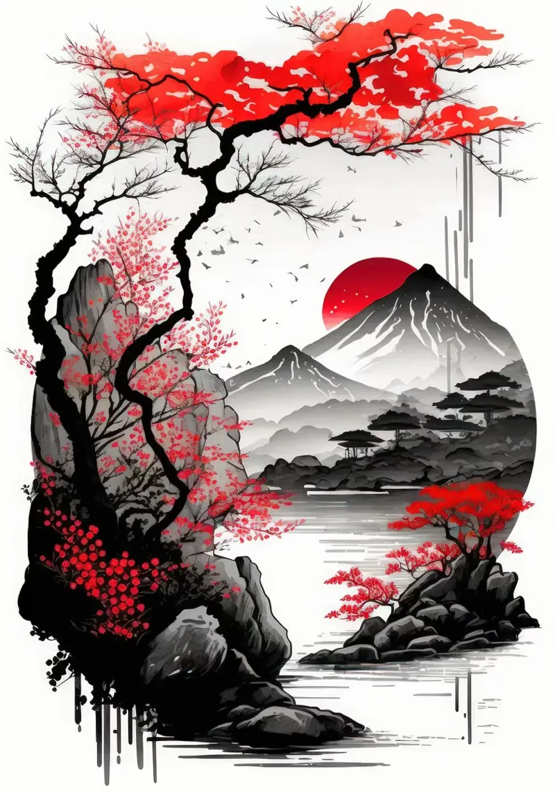 montagna rosso sole fiume albero montagna riflessione uccelli poster con telaio in plastica da minerva santiago