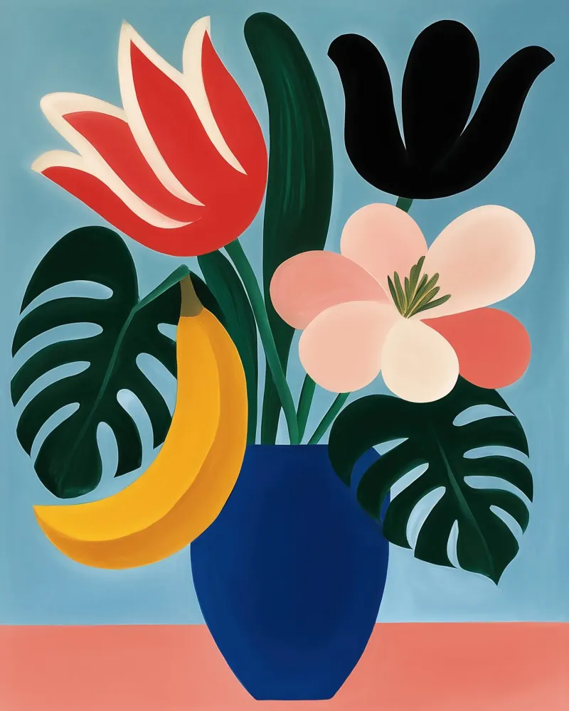Flora Moderna mit Banane | Stillleben mit Überraschung Leinwand mit Schattenfugenrahmen von Autofocus