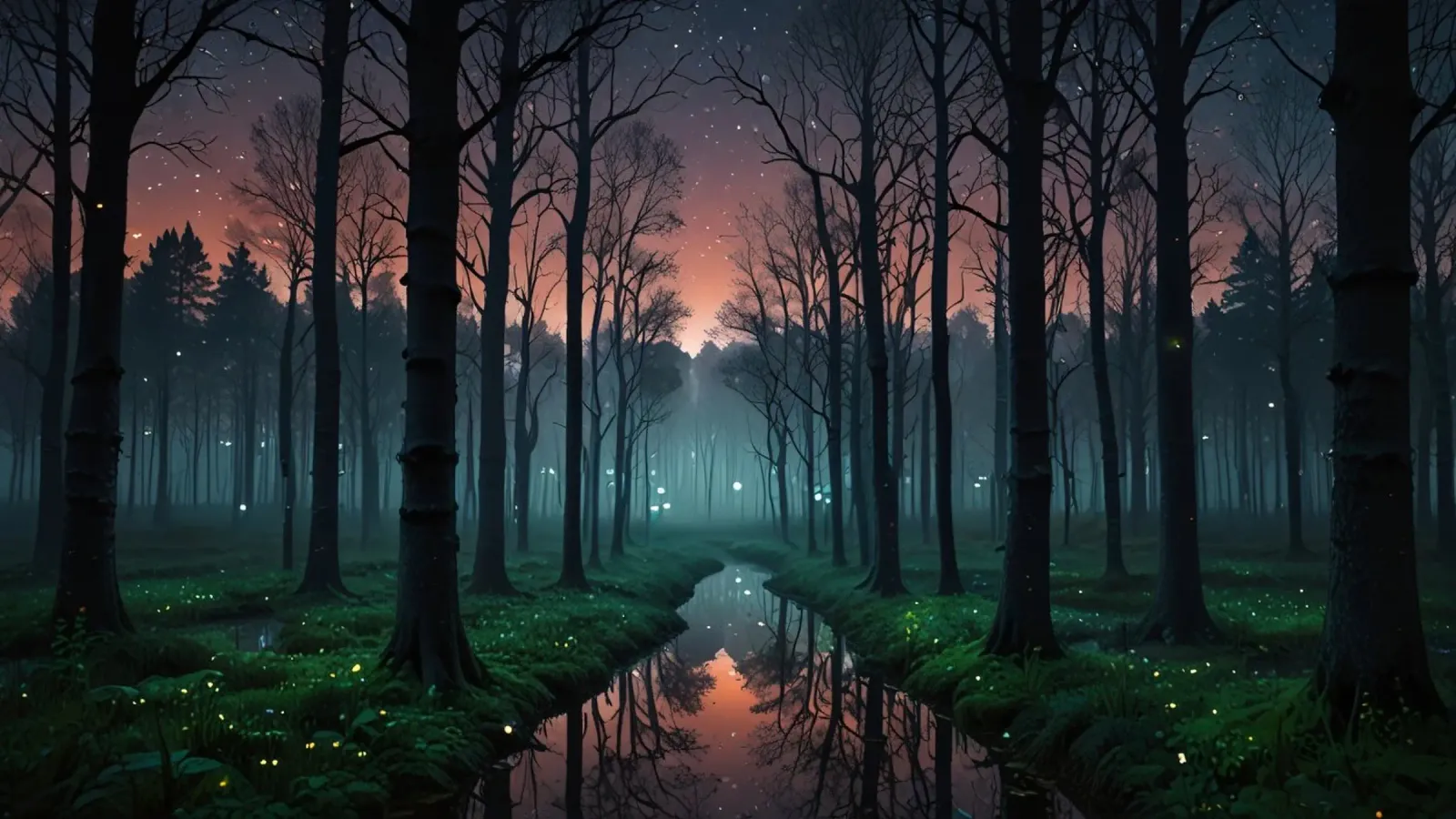 Foresta crepuscolare con corso d'acqua scintillante pellicola backlit da DesignDoodle